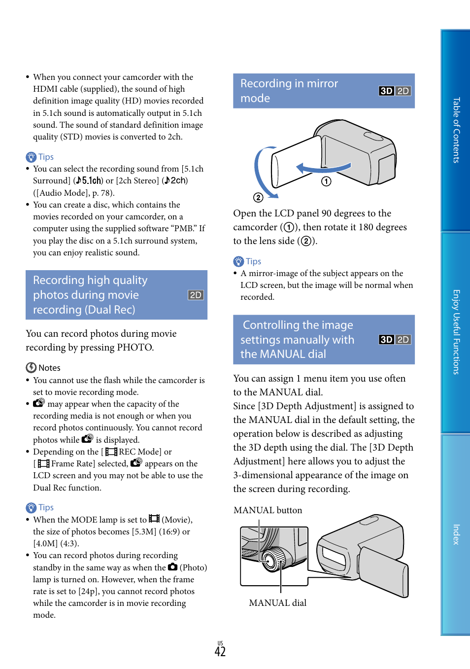 Recording in mirror mode, C (42), L (42) | Sony HDR-TD10 User Manual | Page 42 / 119