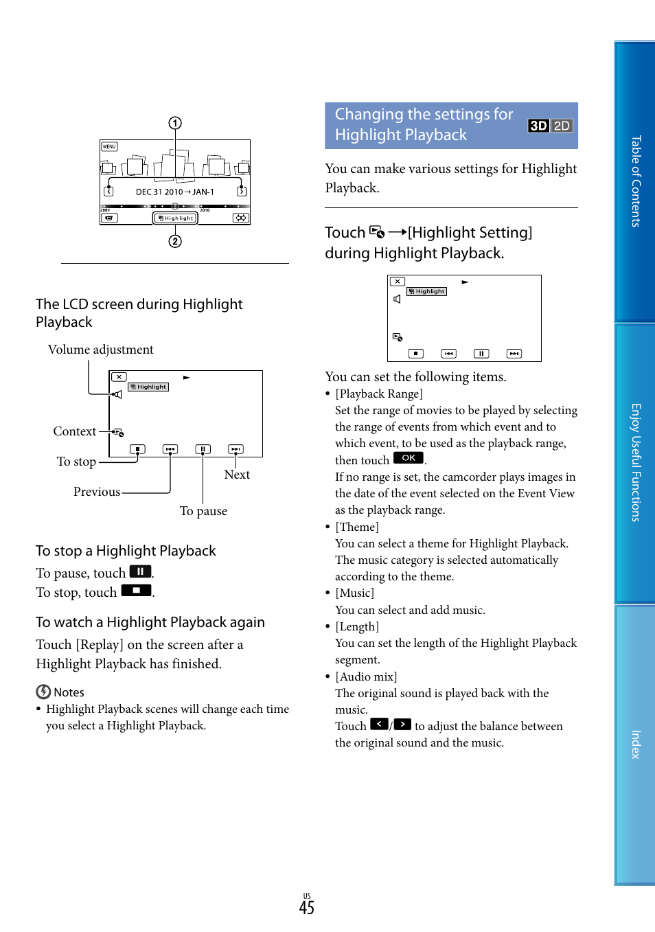 Changing the settings for highlight playback | Sony HDR-TD10 User Manual | Page 45 / 119