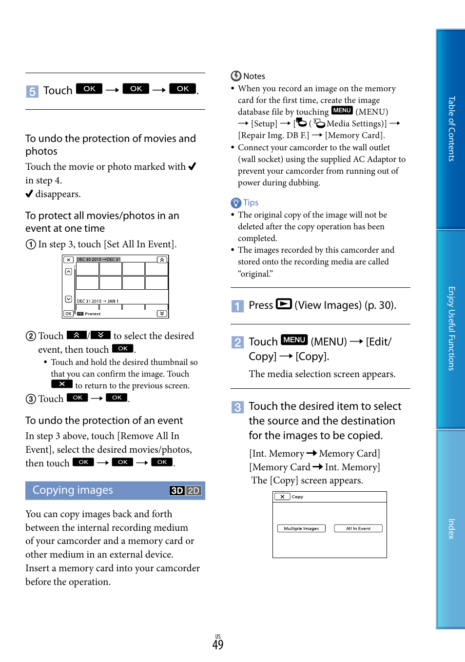 Copying images | Sony HDR-TD10 User Manual | Page 49 / 119