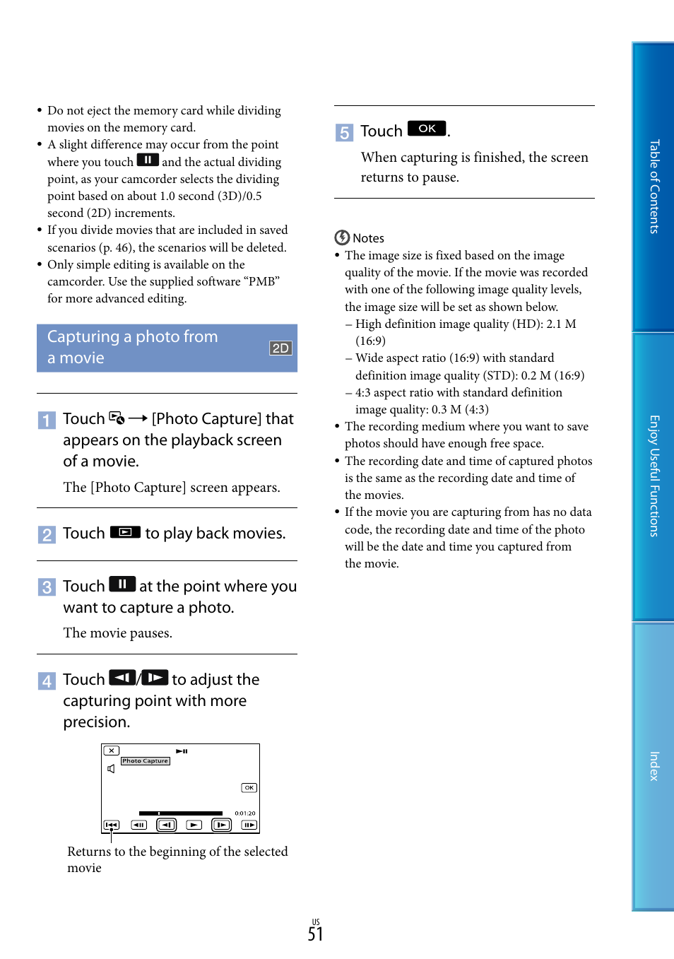 Capturing a photo from a movie, Ie (51), Touch | Sony HDR-TD10 User Manual | Page 51 / 119