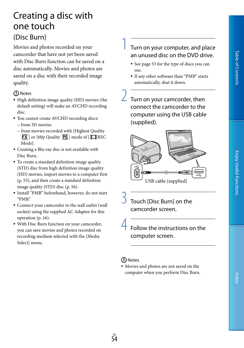 Creating a disc with one touch (disc burn), Creating a disc with one touch, Disc burn) | Sony HDR-TD10 User Manual | Page 54 / 119