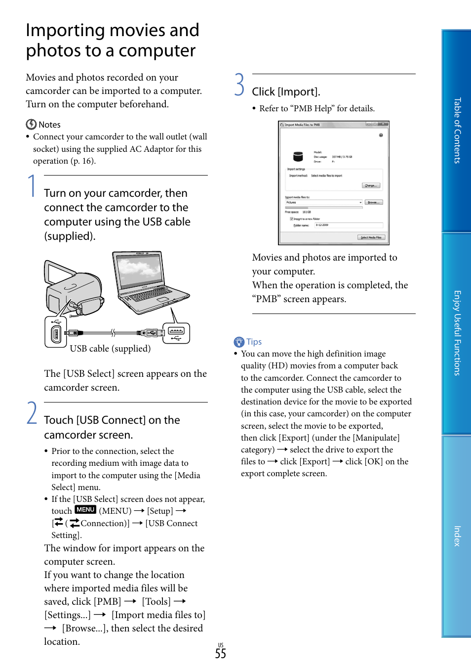 Importing movies and photos to a computer, 55), a | Sony HDR-TD10 User Manual | Page 55 / 119