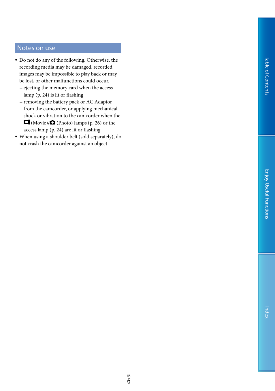 Notes on use | Sony HDR-TD10 User Manual | Page 6 / 119