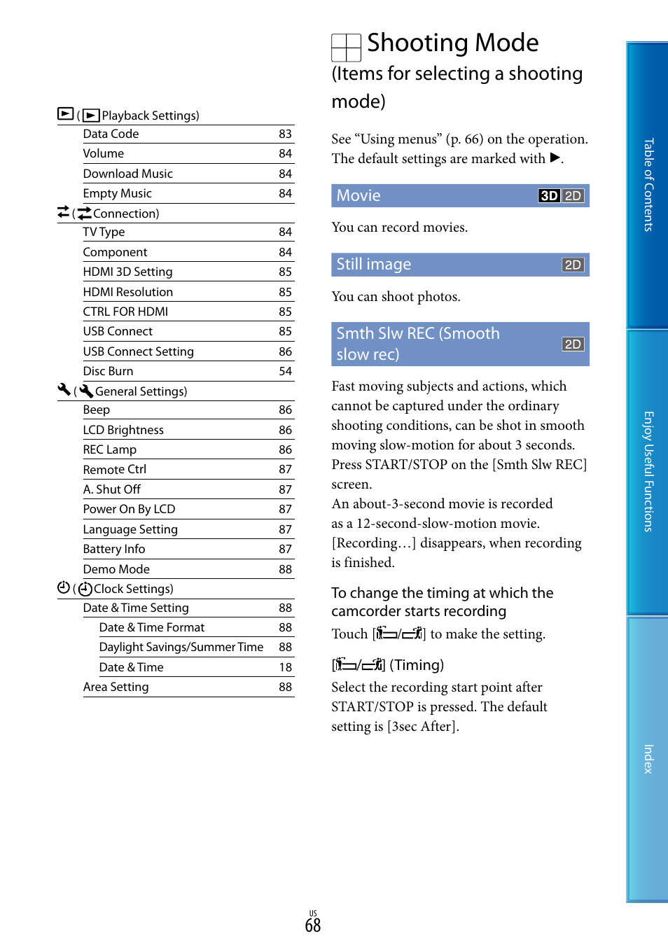 W rec (68), Shooting mode, Items for selecting a shooting mode) | Movie, Still image, Smth slw rec (smooth slow rec) | Sony HDR-TD10 User Manual | Page 68 / 119