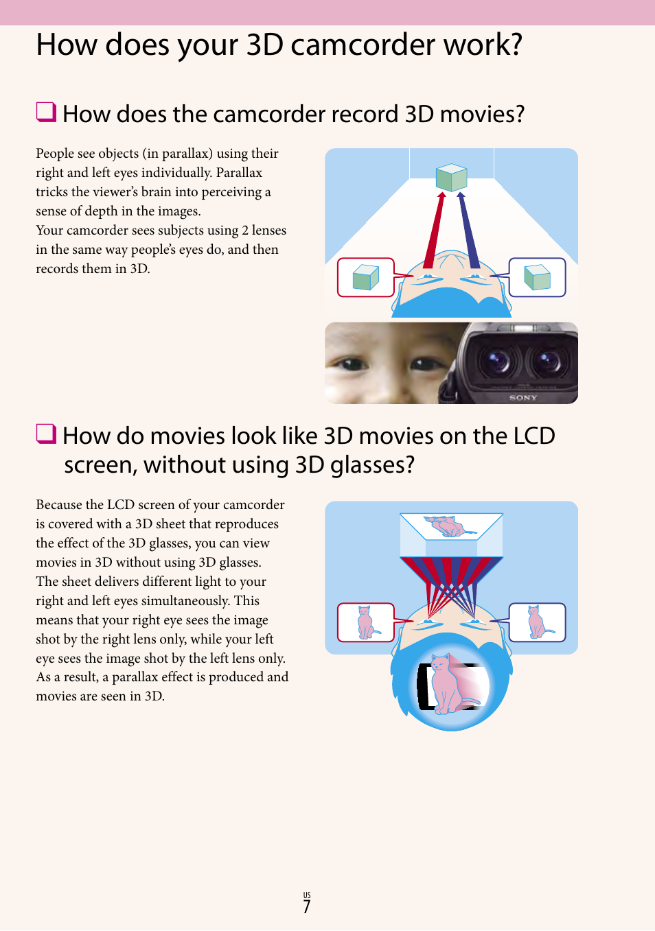 How does your 3d camcorder work, How does the camcorder record 3d movies | Sony HDR-TD10 User Manual | Page 7 / 119