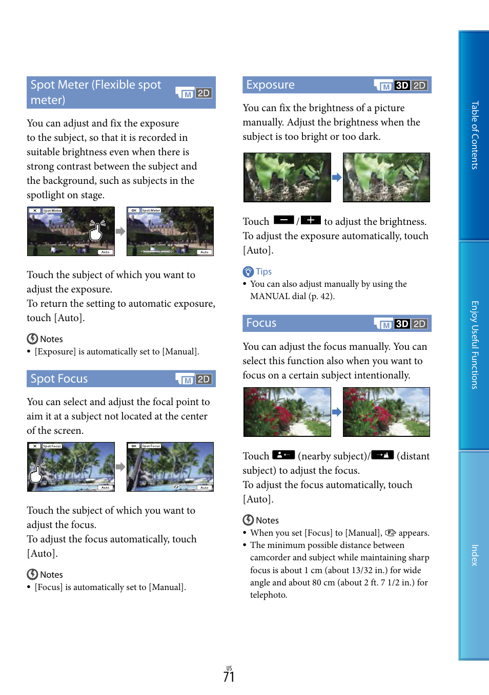 S (71), 71) a, Spot meter (flexible spot meter) | Spot focus, Exposure, Focus | Sony HDR-TD10 User Manual | Page 71 / 119