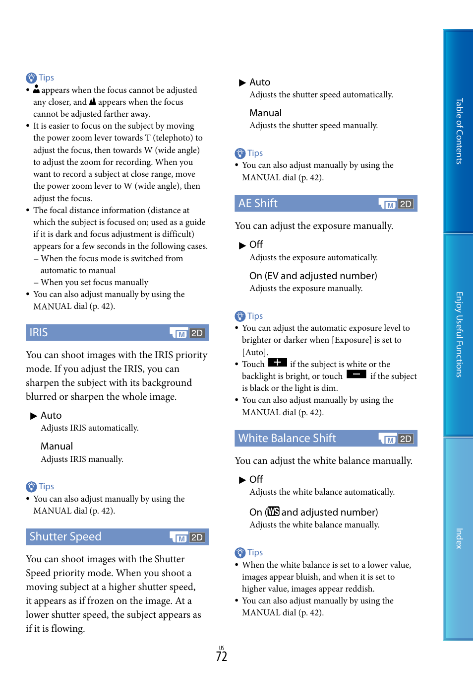 Iris, Shutter speed, Ae shift | White balance shift | Sony HDR-TD10 User Manual | Page 72 / 119