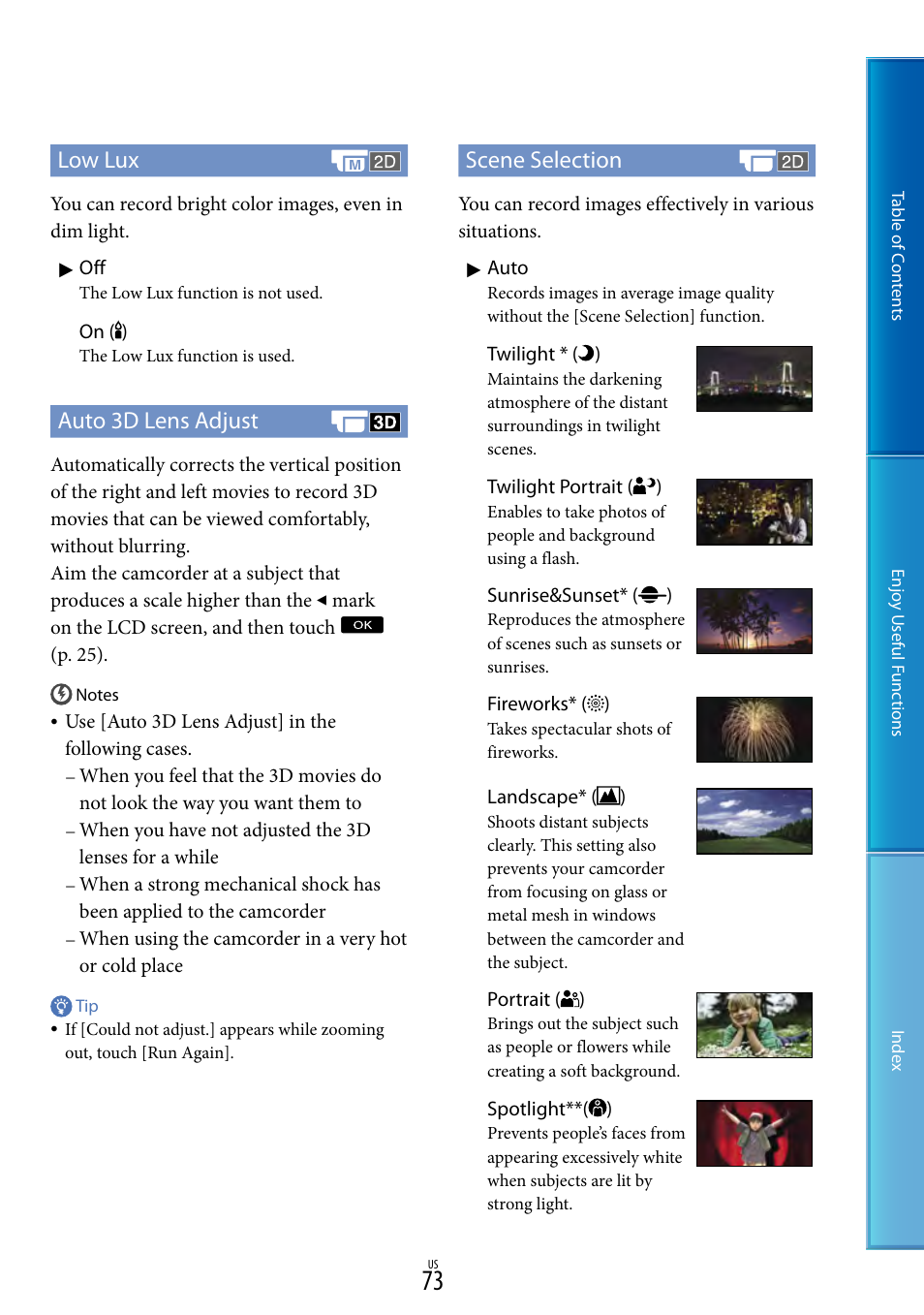 Ks (73), Et (73), Ux (73) | Low lux, Auto 3d lens adjust, Scene selection | Sony HDR-TD10 User Manual | Page 73 / 119