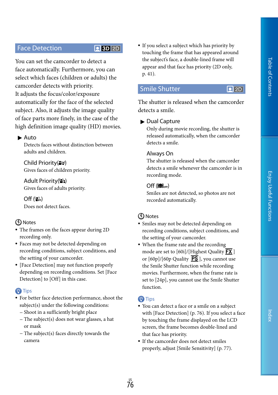 Er (76), Face detection, Smile shutter | Sony HDR-TD10 User Manual | Page 76 / 119