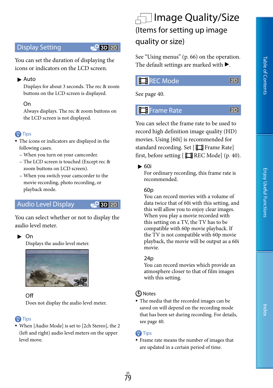 Image quality/size, Items for setting up image quality or size), Display setting | Audio level display, Rec mode, Frame rate | Sony HDR-TD10 User Manual | Page 79 / 119