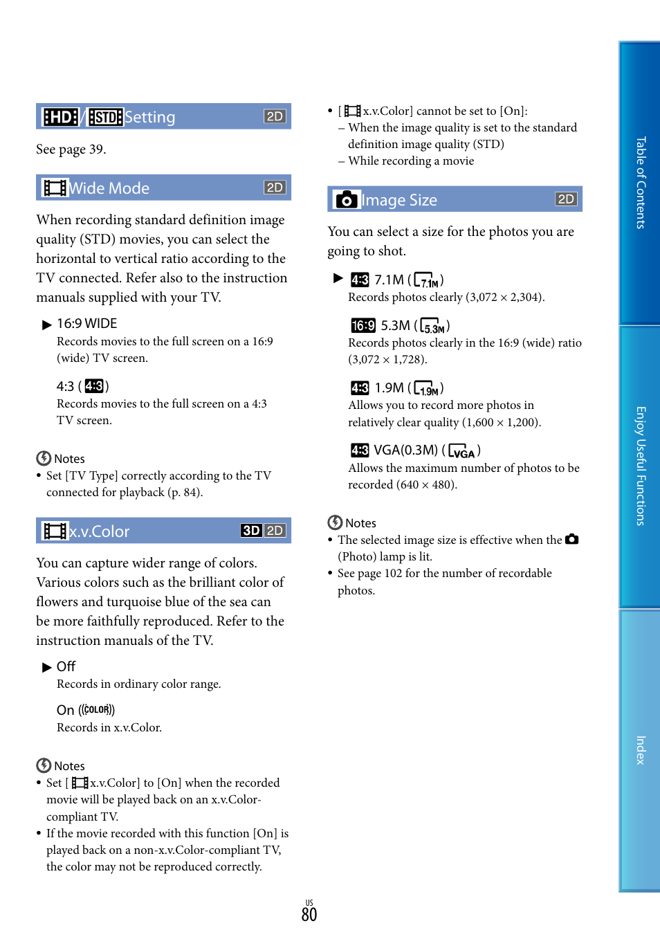 Setting, Wide mode, X.v.color | Image size | Sony HDR-TD10 User Manual | Page 80 / 119