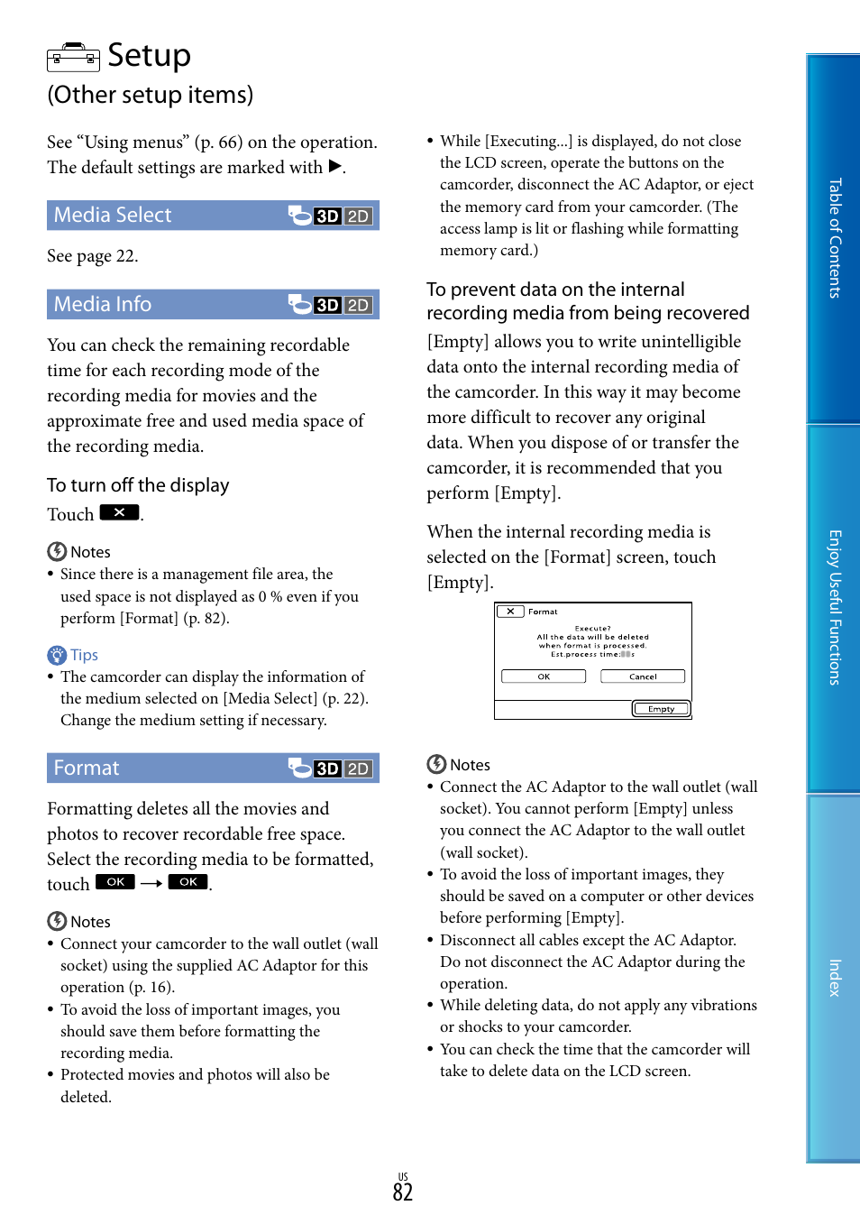 Setup (other setup items), Setup, Other setup items) | Media select, Media info, Format | Sony HDR-TD10 User Manual | Page 82 / 119