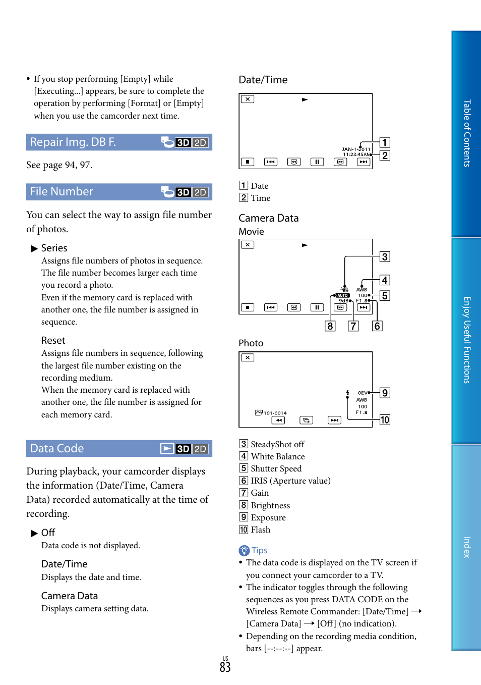 Repair img. db f, File number, Data code | See pag e 94, 97, Reset, Date/time, Camera data | Sony HDR-TD10 User Manual | Page 83 / 119