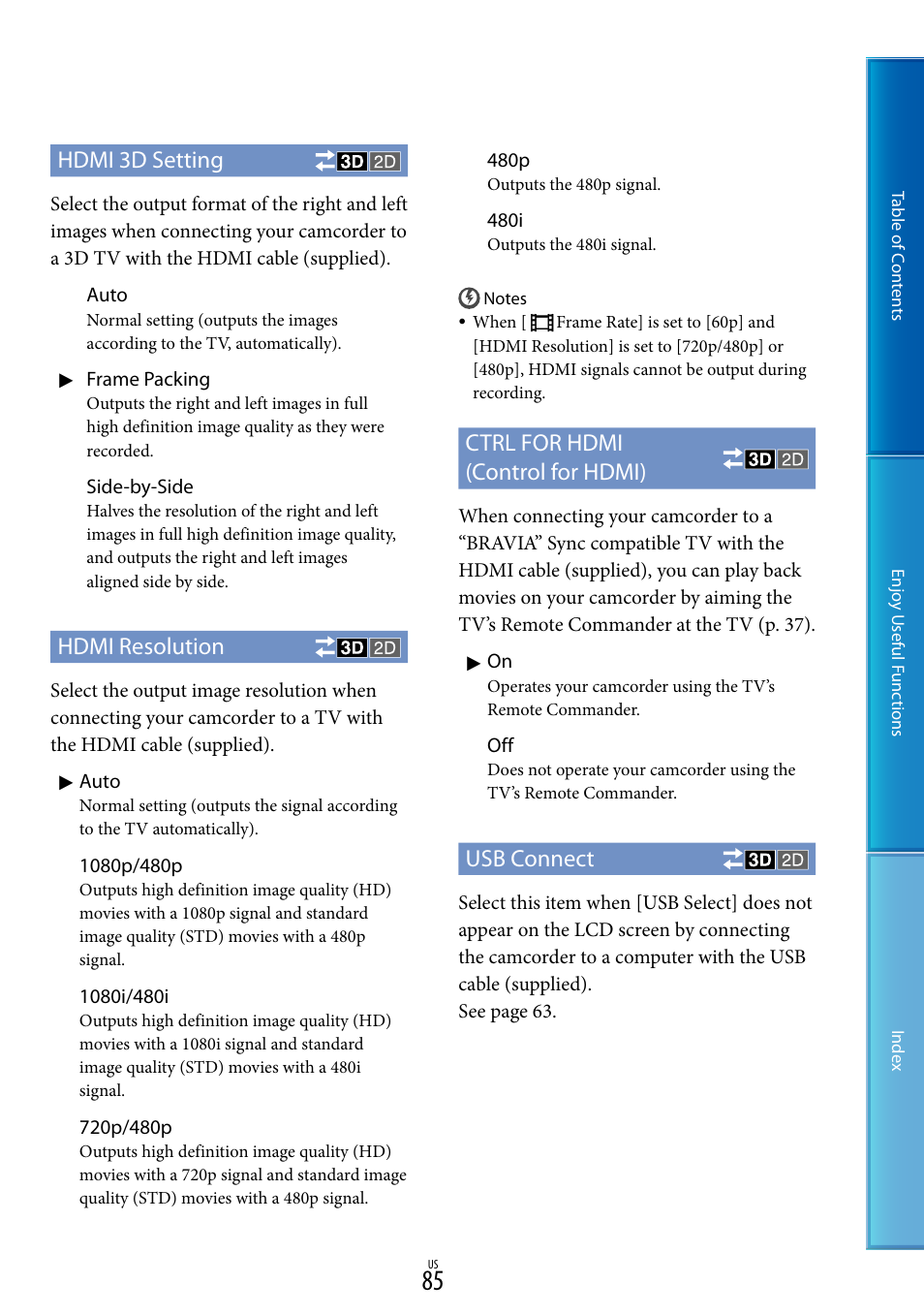 Hdmi 3d setting, Hdmi resolution, Ctrl for hdmi (control for hdmi) | Usb connect | Sony HDR-TD10 User Manual | Page 85 / 119