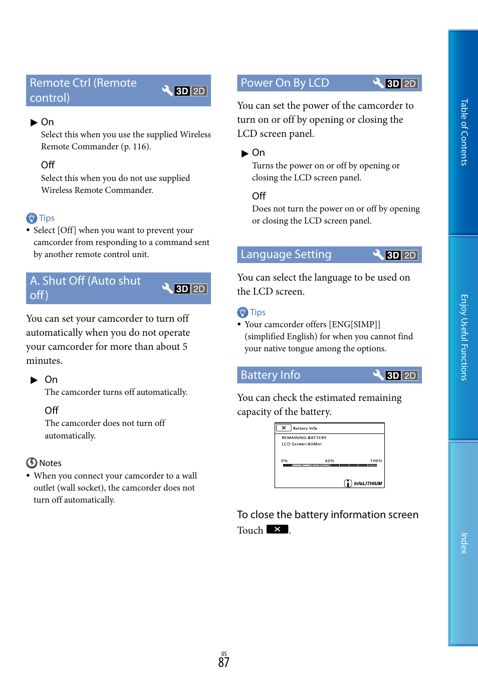 Remote ctrl (remote control), A. shut off (auto shut off), Power on by lcd | Language setting, Battery info, Touch | Sony HDR-TD10 User Manual | Page 87 / 119