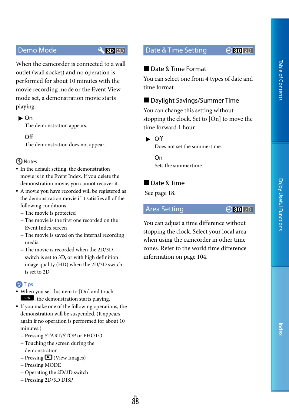 Demo mode, Date & time setting, Area setting | Date & time format, Daylight savings/summer time, Date & time | Sony HDR-TD10 User Manual | Page 88 / 119