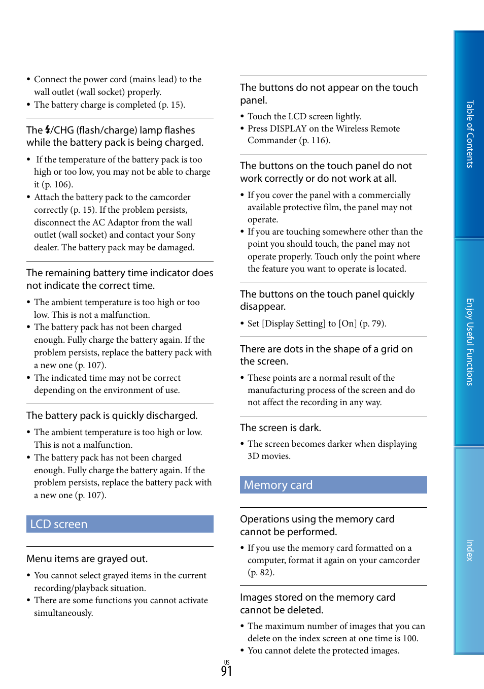 Lcd screen, Memory card | Sony HDR-TD10 User Manual | Page 91 / 119