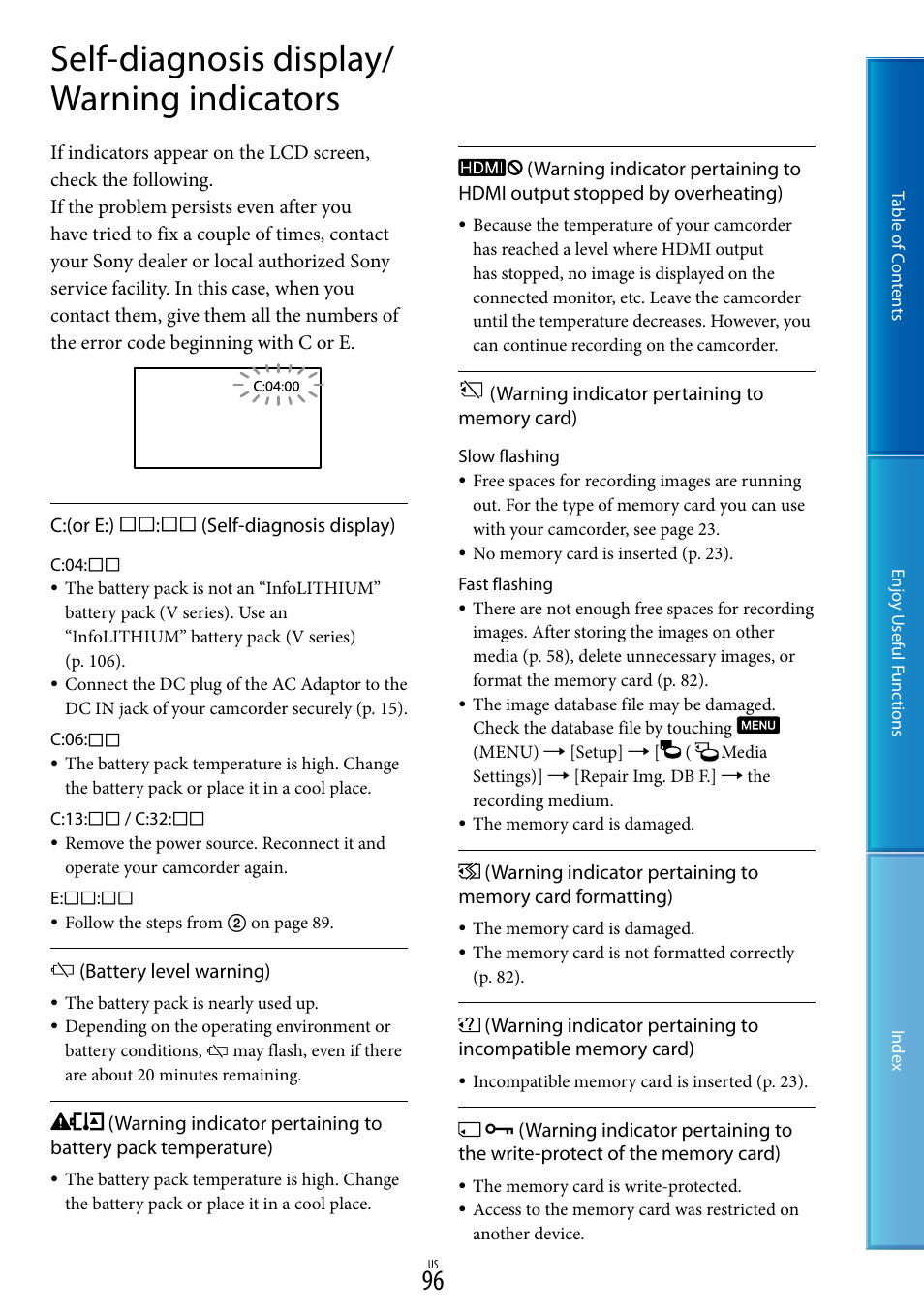 Self-diagnosis display/warning indicators, Self-diagnosis display/ warning indicators | Sony HDR-TD10 User Manual | Page 96 / 119
