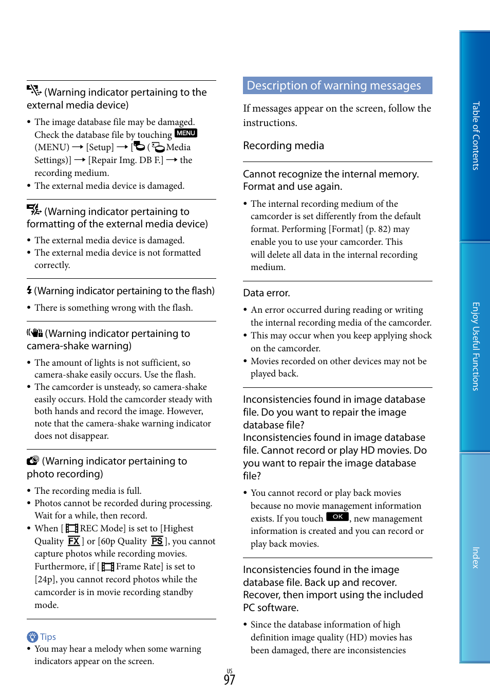 Description of warning messages, Recording media | Sony HDR-TD10 User Manual | Page 97 / 119