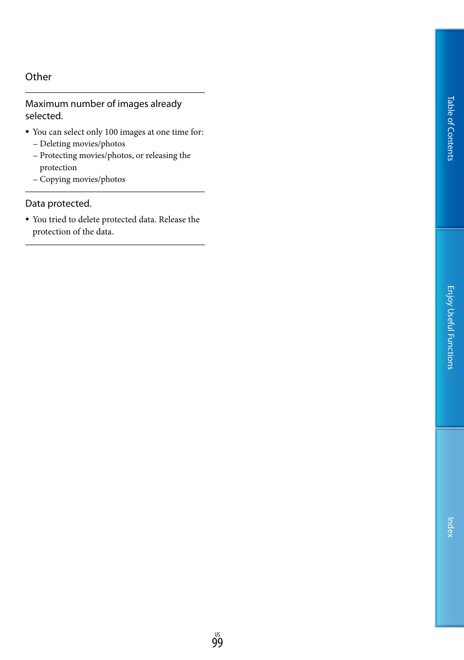 O 99), and, Other | Sony HDR-TD10 User Manual | Page 99 / 119