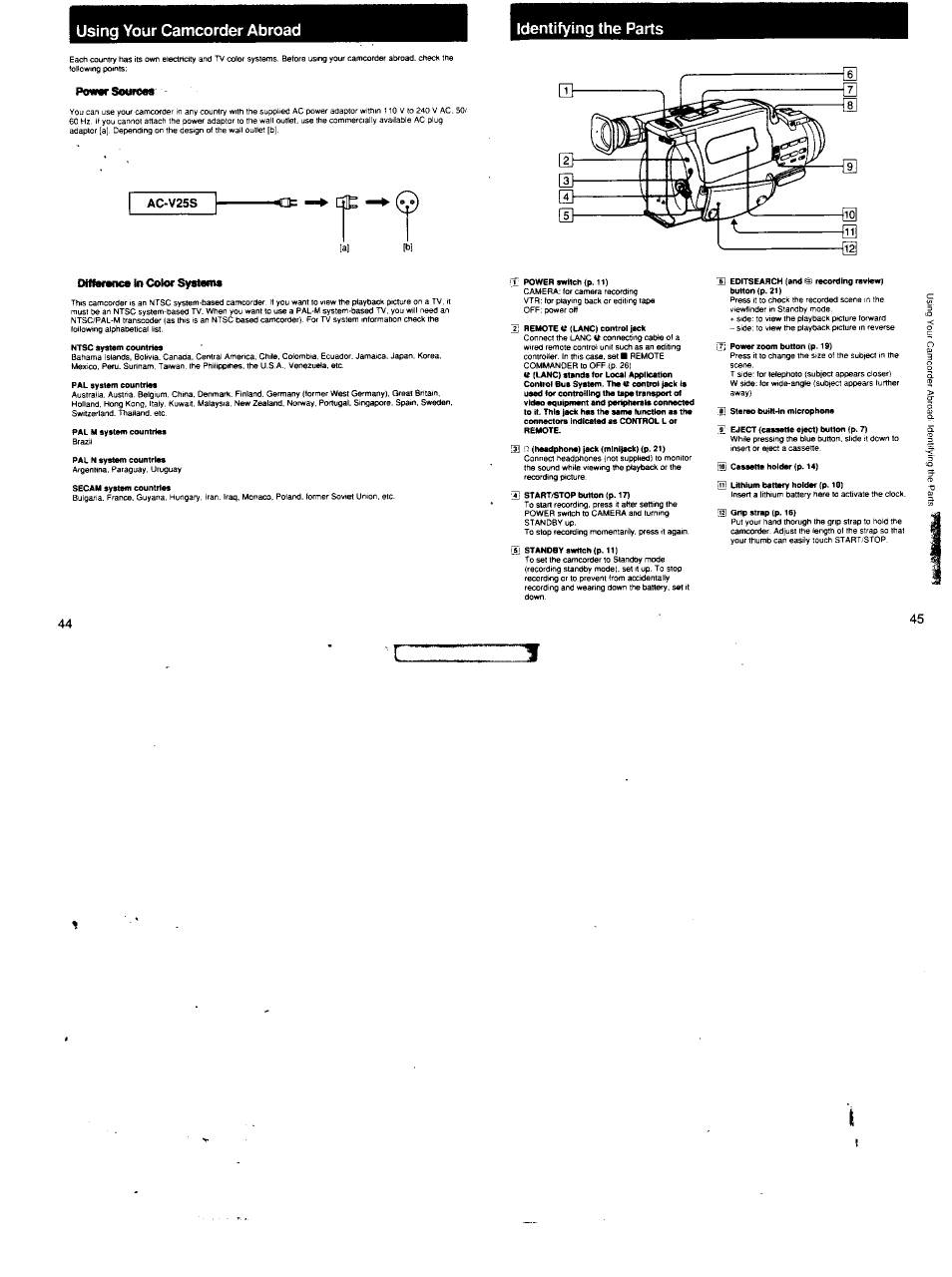 Using your camcorder abroad identifying the parts | Sony CCD-FX620 User Manual | Page 23 / 28