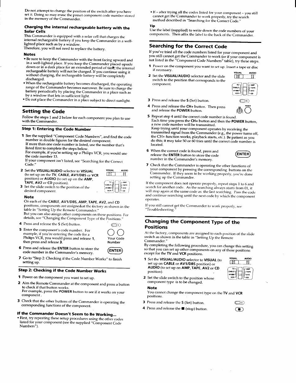 Notes, Setting the code, Step 1: entering the code number | Note, Step 2: checking if the code number works, If the commander doesn't seem to be working, Searching for the correct code, Changing the component type of the positions | Sony RM-V701 User Manual | Page 2 / 12