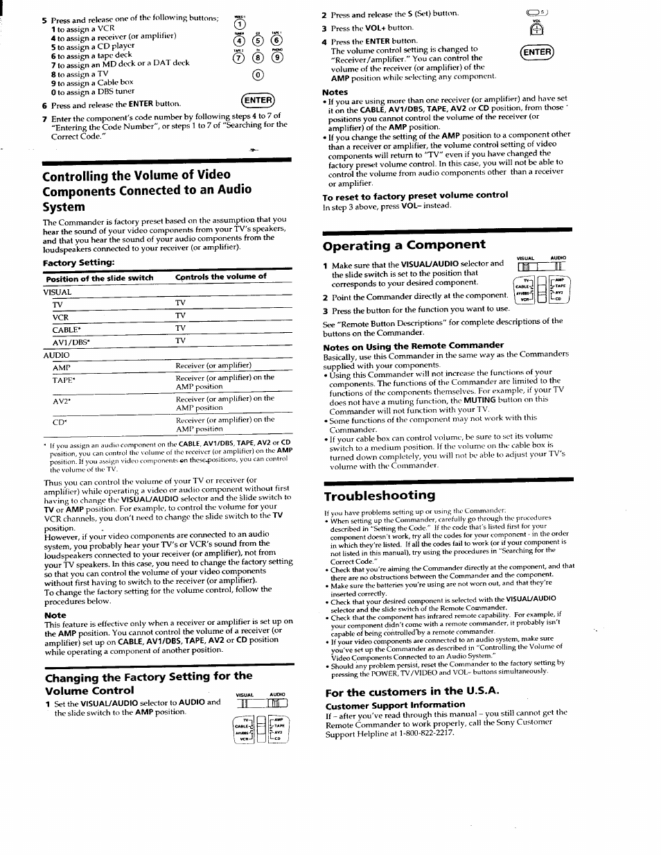 Factory setting, Note, Notes | To reset to factory preset volume control, Operating a component, Notes on using the remote commander, Troubleshooting, For the customers in the u.s.a, Customer support information | Sony RM-V701 User Manual | Page 3 / 12