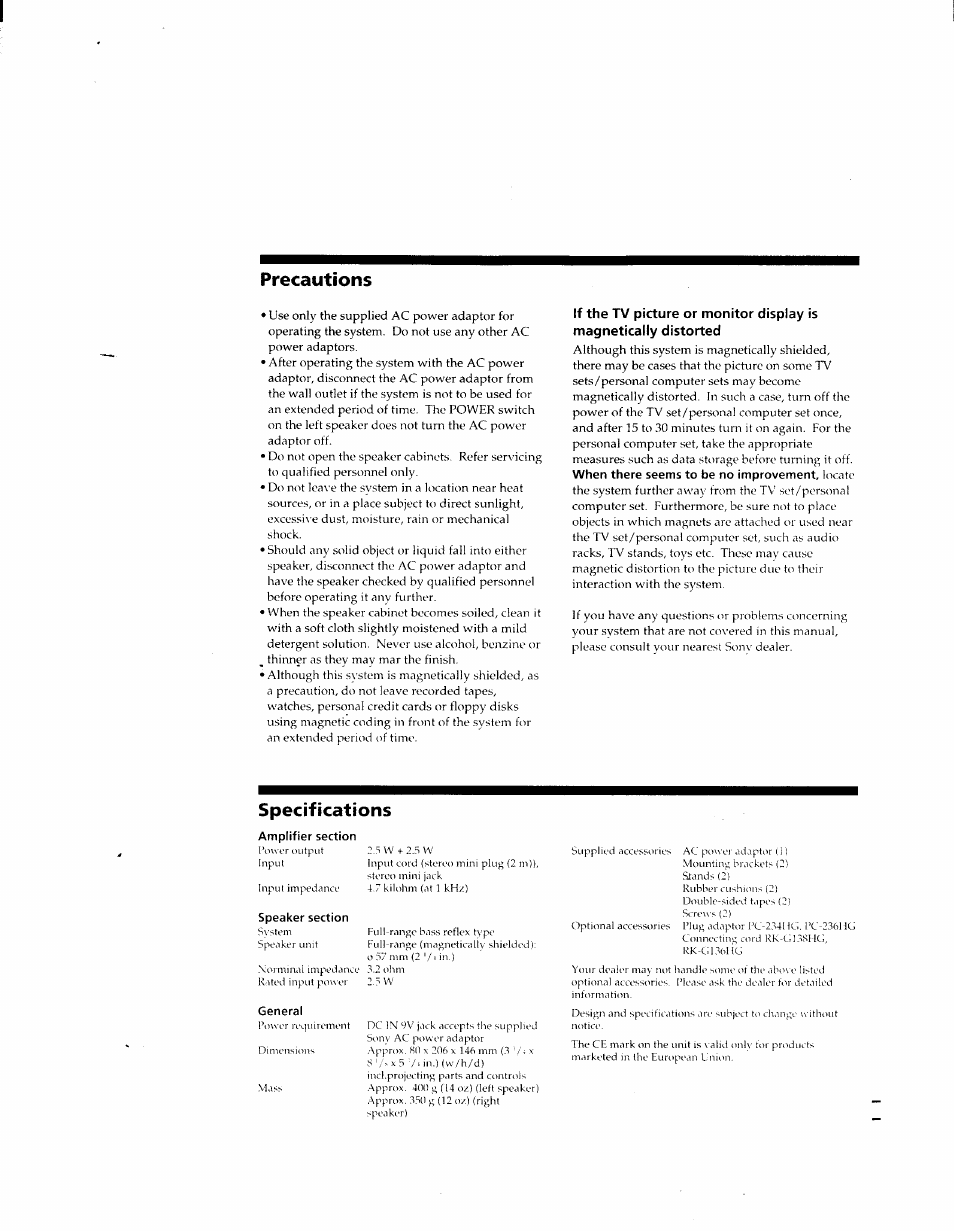 Amplifier section, Speaker section, General | Precautions, Specifications | Sony SRS-PC51 User Manual | Page 6 / 6