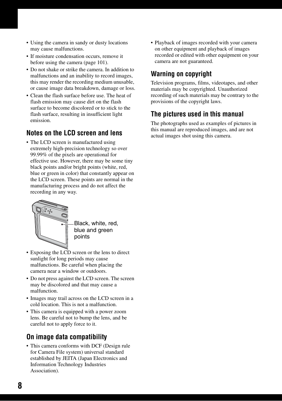 On image data compatibility, Warning on copyright, The pictures used in this manual | Sony DSC-W100 User Manual | Page 8 / 107