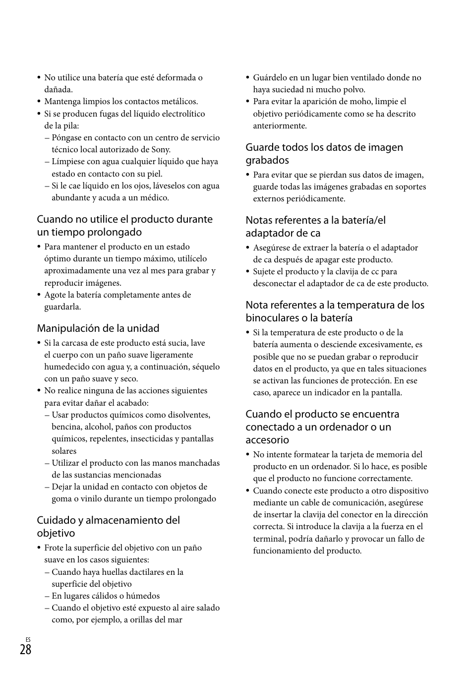 Manipulación de la unidad, Cuidado y almacenamiento del objetivo, Guarde todos los datos de imagen grabados | Notas referentes a la batería/el adaptador de ca | Sony DEV-50 User Manual | Page 106 / 116