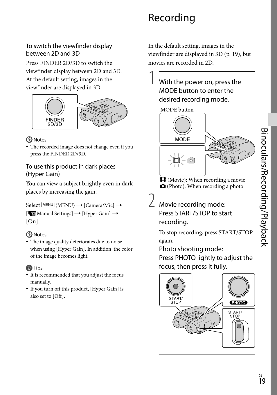 Recording, Binoculars/r ec or ding/p la yback | Sony DEV-50 User Manual | Page 19 / 116