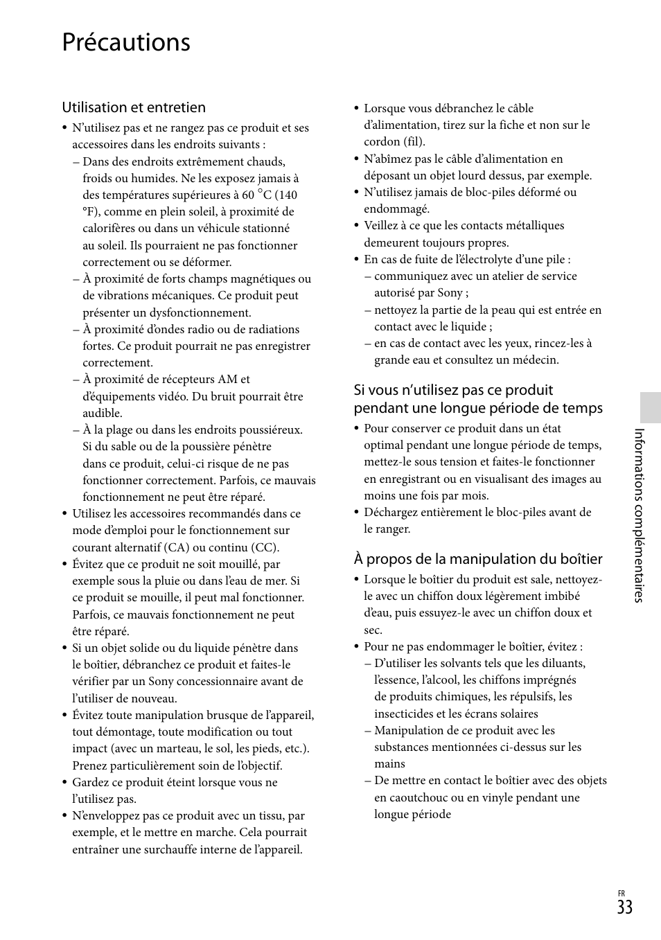 Précautions, Utilisation et entretien, À propos de la manipulation du boîtier | Sony DEV-50 User Manual | Page 69 / 116