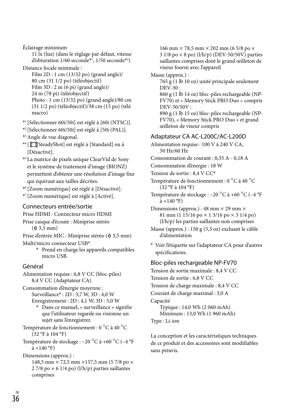 Connecteurs entrée/sortie, Général, Bloc-piles rechargeable np-fv70 | Sony DEV-50 User Manual | Page 72 / 116