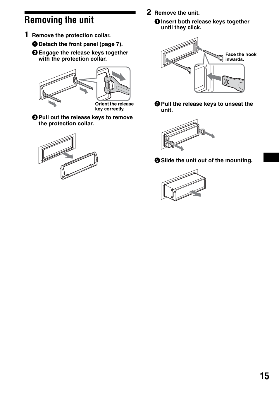 Removing the unit, 15 removing the unit | Sony CDX-S2000 User Manual | Page 15 / 56