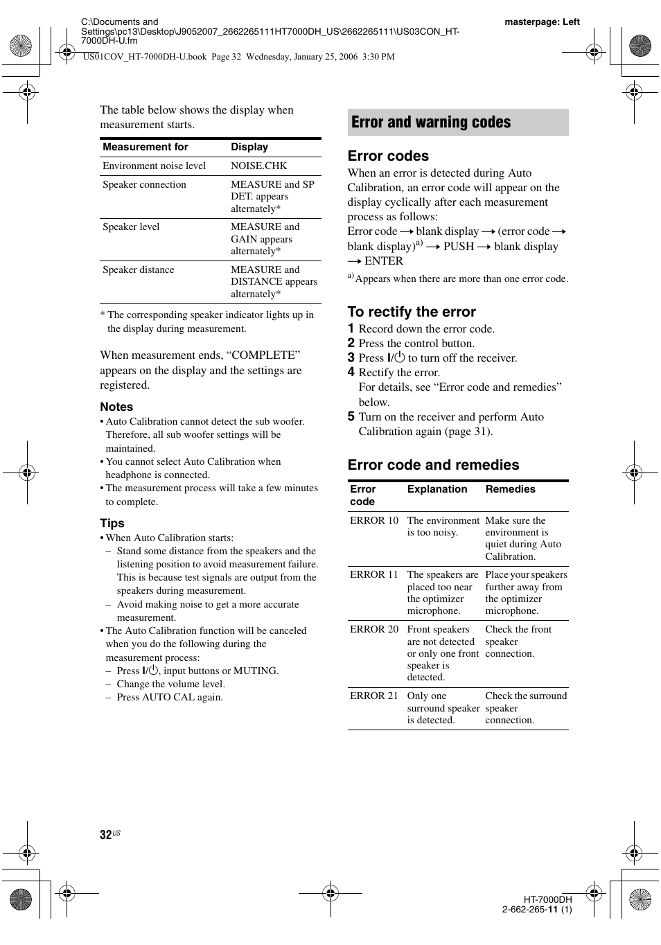 Error and warning codes, Error codes, Error code and remedies | Sony STR-K7000 User Manual | Page 32 / 84