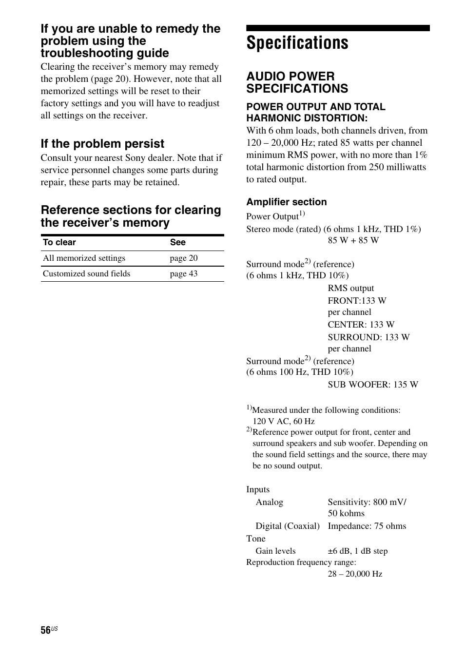 Specifications, If the problem persist, Audio power specifications | Sony HT-DDW795 User Manual | Page 56 / 60