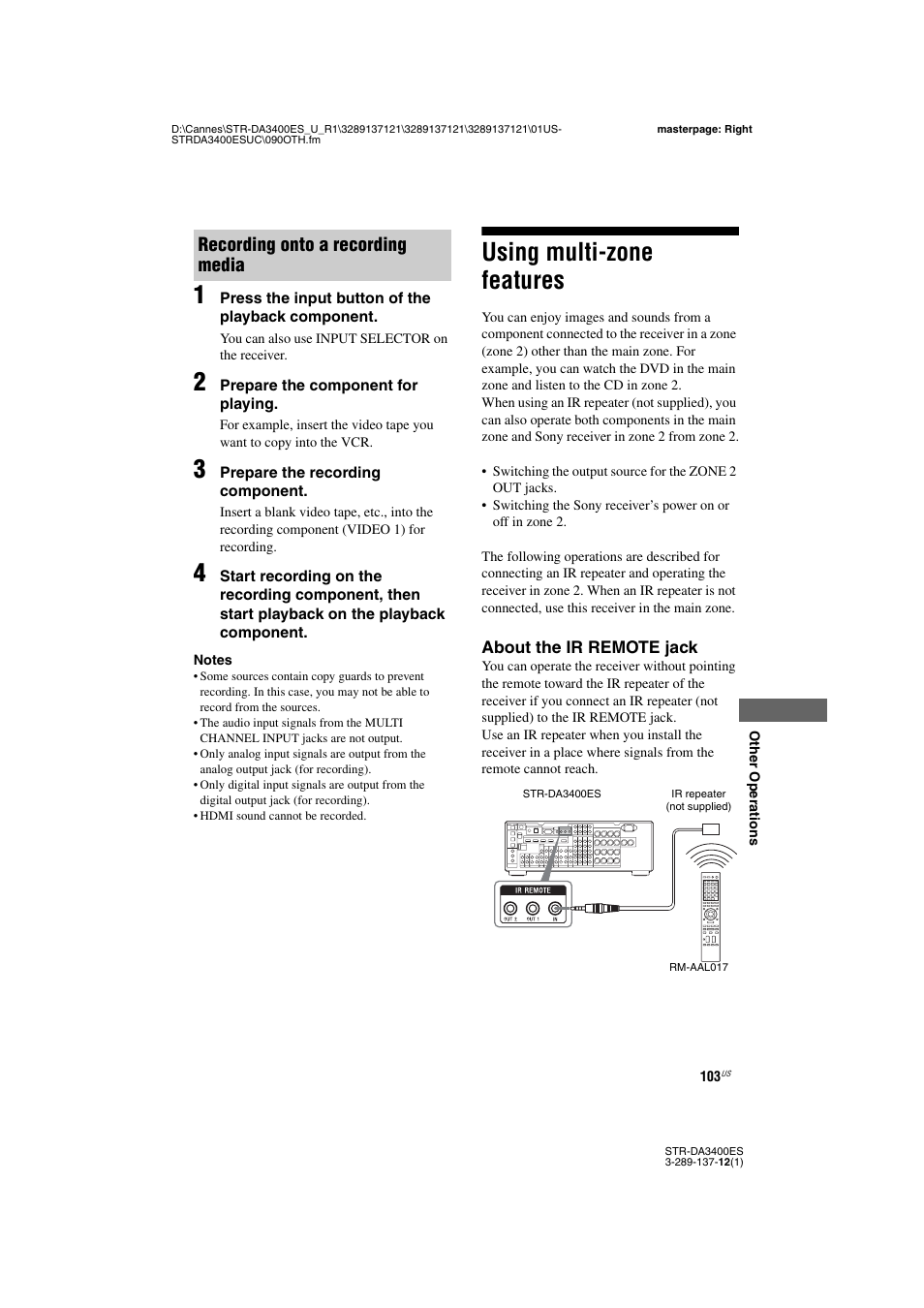 Using multi-zone features, Recording onto a recording media | Sony STR-DA3400ES User Manual | Page 103 / 144