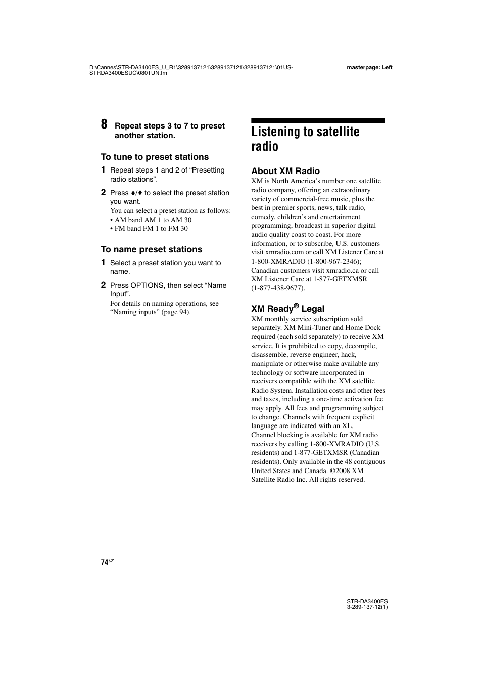 Listening to satellite radio | Sony STR-DA3400ES User Manual | Page 74 / 144