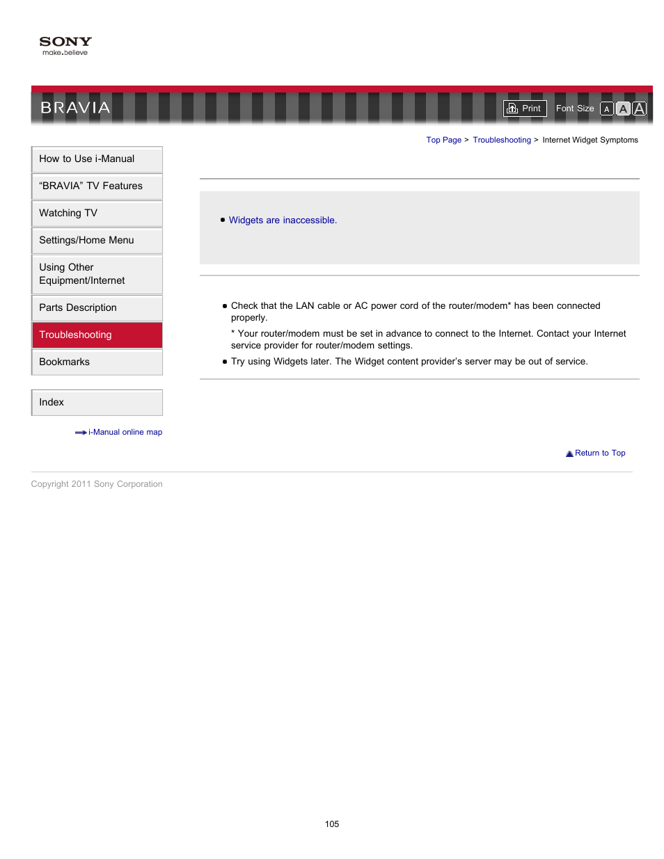 Internet widget symptoms | Sony KDL-46HX729 User Manual | Page 105 / 176