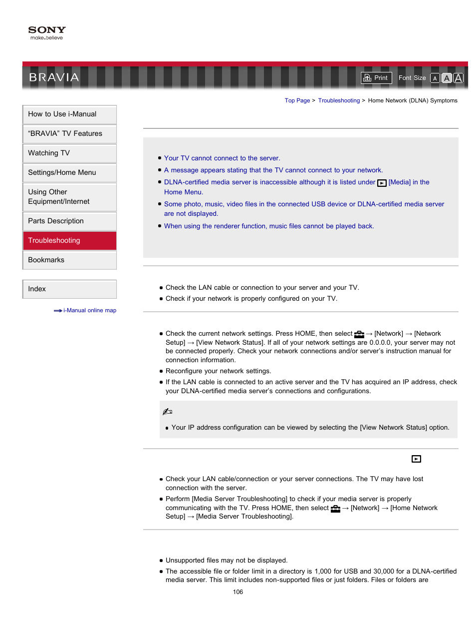 Home network (dlna) symptoms | Sony KDL-46HX729 User Manual | Page 106 / 176