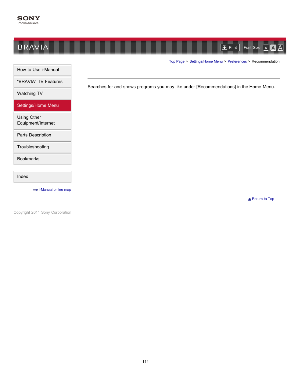 Recommendations, Recommendation | Sony KDL-46HX729 User Manual | Page 114 / 176