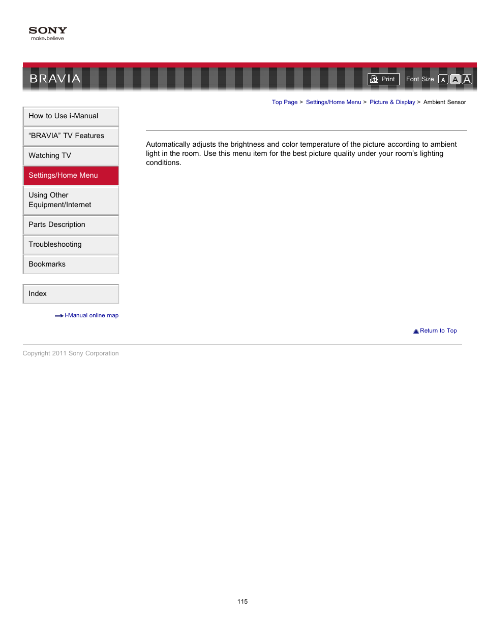 Ambient sensor | Sony KDL-46HX729 User Manual | Page 115 / 176