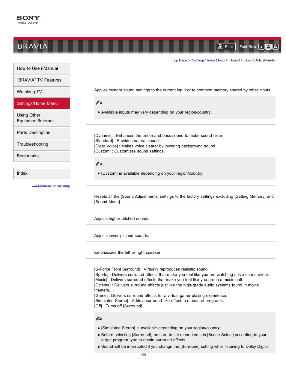 Sound settings, Sound adjustments | Sony KDL-46HX729 User Manual | Page 129 / 176