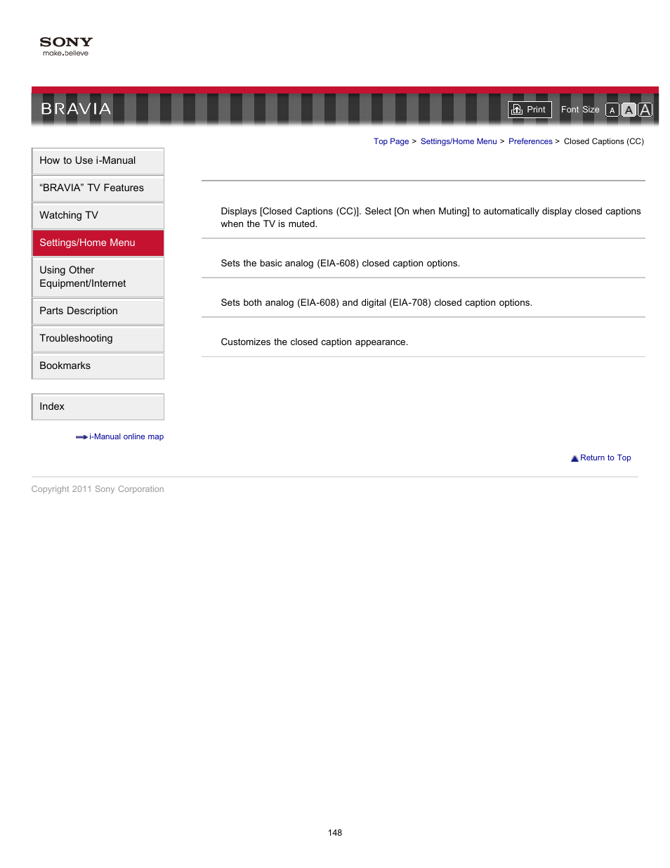 Closed captions (cc) | Sony KDL-46HX729 User Manual | Page 148 / 176
