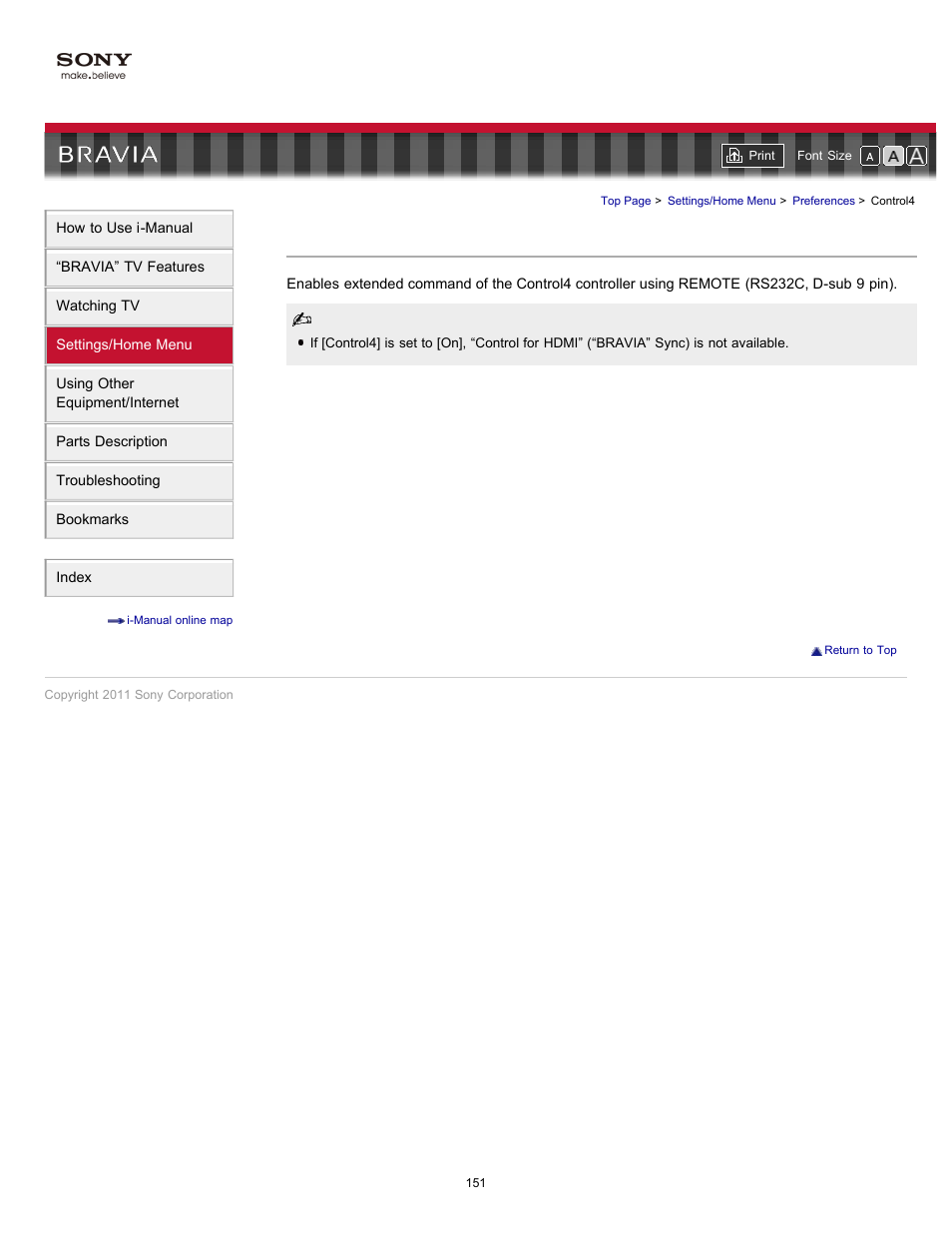 Control4 | Sony KDL-46HX729 User Manual | Page 151 / 176