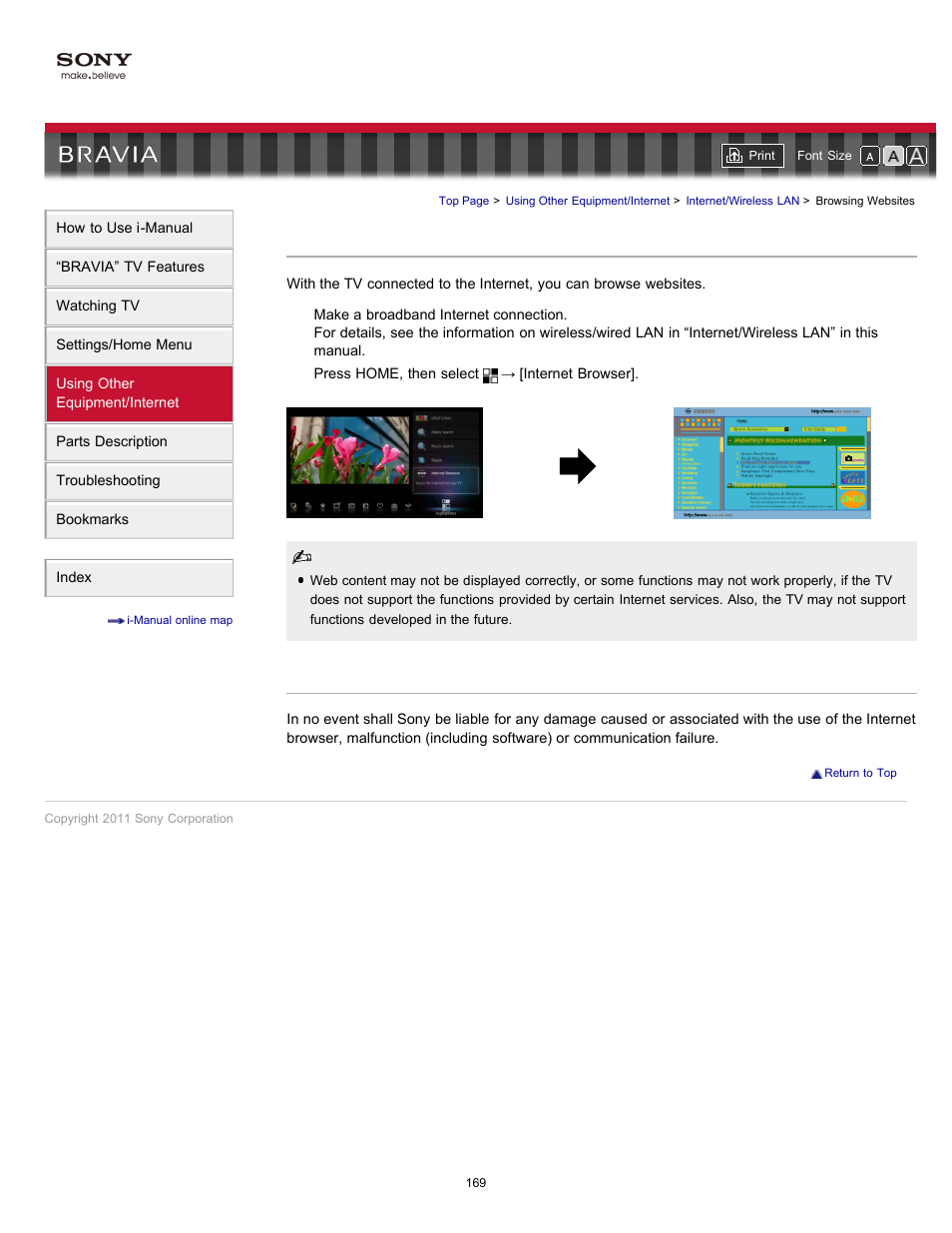 Browsing websites | Sony KDL-46HX729 User Manual | Page 169 / 176