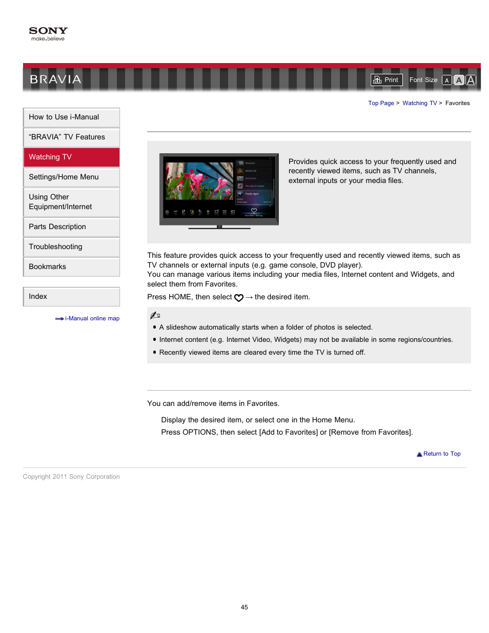 Favorites, Favorite items | Sony KDL-46HX729 User Manual | Page 45 / 176