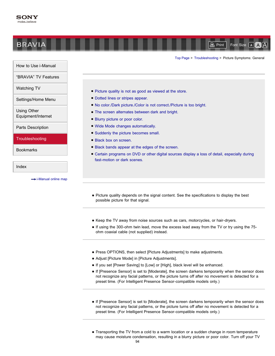 Picture symptoms: general | Sony KDL-46HX729 User Manual | Page 94 / 176