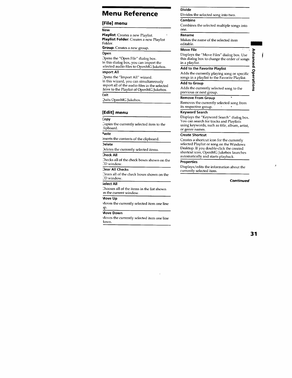 Menu reference, File] menu, Edit] menu | Copy, Delete, Iheck all, Divide, Rename, Move file, Drive | Sony MZ-N707 User Manual | Page 31 / 41
