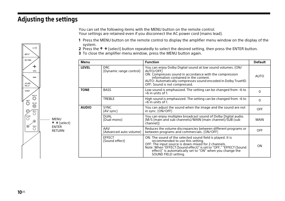 Adjusting the settings | Sony HT-XT1 User Manual | Page 10 / 72
